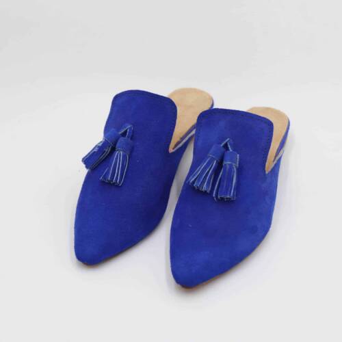 Womens blue suede babouche – handcrafted Moroccan footwear