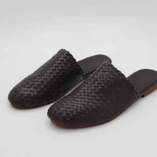 Brown braided leather mules women – handcrafted woven leather slip-ons