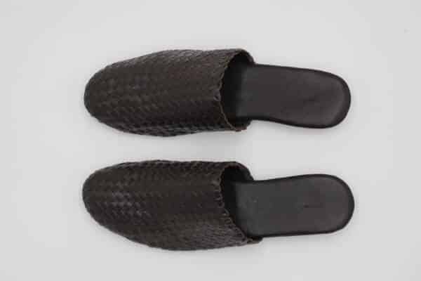 Brown braided leather mules women – handcrafted woven leather slip-ons